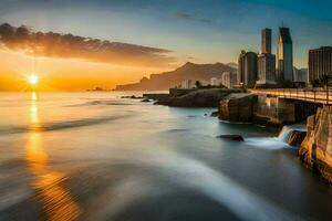 a Sol conjuntos sobre a cidade Horizonte dentro hong kong. gerado por IA foto