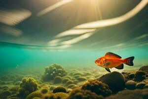 uma peixe natação dentro a oceano com coral e pedras. gerado por IA foto