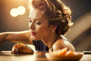 uma mulher olhando às uma prato do Comida. gerado por IA foto