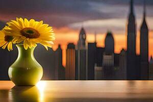 girassóis dentro uma vaso com cidade Horizonte dentro a fundo. gerado por IA foto