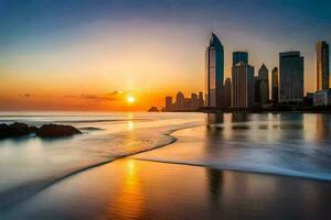 a Sol conjuntos sobre a cidade Horizonte dentro a fundo. gerado por IA foto