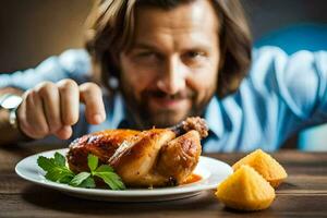 uma homem é segurando uma frango em uma placa. gerado por IA foto