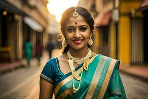 uma mulher dentro uma sari em pé em uma rua. gerado por IA foto