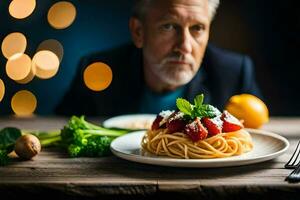 uma homem senta às uma mesa com espaguete e brócolis. gerado por IA foto