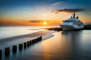 uma cruzeiro navio ancorado às a cais às pôr do sol. gerado por IA foto