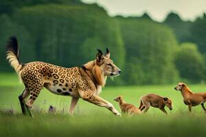 uma guepardo e dela filhotes caminhando através uma campo. gerado por IA foto