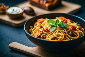 espaguete com carne e legumes dentro uma tigela. gerado por IA foto