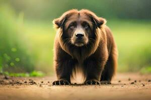 uma Castanho cachorro é em pé em uma sujeira estrada. gerado por IA foto