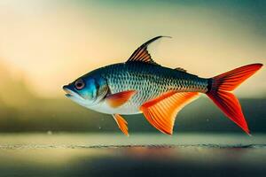 uma peixe com laranja e azul barbatanas é natação dentro a água. gerado por IA foto