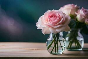 Rosa rosas dentro uma vaso em uma de madeira mesa. gerado por IA foto