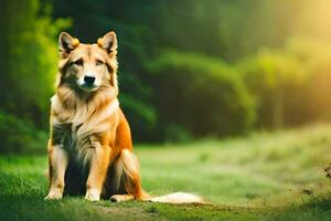 uma cachorro sentado em a Relva dentro a Sol. gerado por IA foto