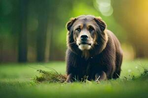 uma Castanho cachorro é sentado dentro a grama. gerado por IA foto