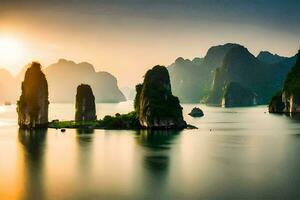 a Sol conjuntos sobre a água dentro Vietnã. gerado por IA foto