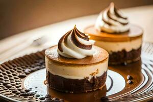 dois chocolate cheesecakes em uma prato com café feijões. gerado por IA foto