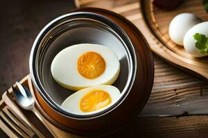dois Difícil fervido ovos dentro uma tigela em uma mesa. gerado por IA foto