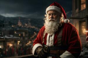 santa claus contra a pano de fundo do destruir cidade. Natal e Novo ano feriados dentro uma país Onde lá é guerra. ai generativo foto