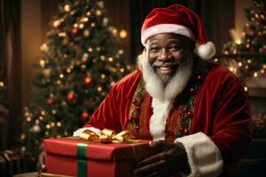 sorridente africano americano santa claus com presente caixa em feriado fundo. alegre Natal e feliz Novo ano. ai generativo foto