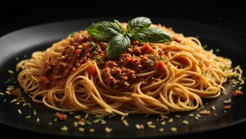 quente espaguete massa com tomate molho, parmesão e manjericão folhas dentro Preto prato em Sombrio fundo.italiano prato. ai generativo foto