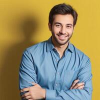 livre cativante retrato fotografia à moda jovem homem com uma ganhando sorriso, generativo ai foto