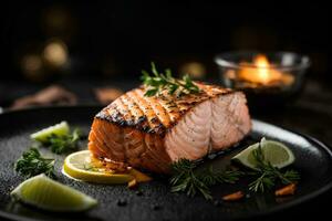 grelhado salmão bife com limão e ervas em Sombrio fundo. comercial promocional Comida foto. ai generativo foto