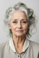 lindo Senior mulher com cinzento cabelo isolado em cinzento fundo. saudável face pele Cuidado beleza, cuidados com a pele cosméticos. ai generativo foto