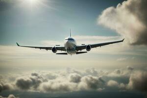 avião vôo acima a nuvens dentro a azul céu. passageiro avião. ai generativo foto