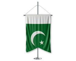 Paquistão acima galhardetes 3d bandeiras em pólo ficar de pé Apoio, suporte pedestal realista conjunto e branco fundo. - imagem foto