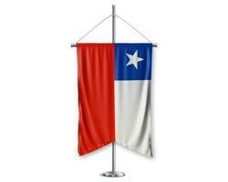 Chile acima galhardetes 3d bandeiras em pólo ficar de pé Apoio, suporte pedestal realista conjunto e branco fundo. - imagem foto