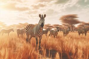 livre foto rebanho do zebras em pé monocromático em a savana campo generativo ai