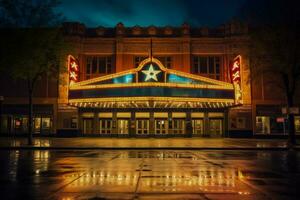 uma teatro letreiro iluminado com a nomes do a noites estrelas foto