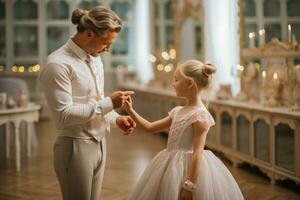 uma pequeno menina bailarina recebendo orientação e encorajamento a partir de dela dedicada professor foto