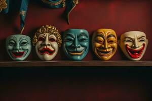 teatro máscaras em uma estante simbolizando comédia e tragédia foto
