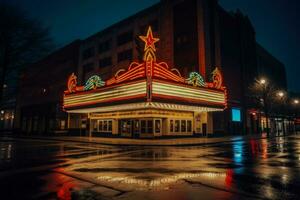 uma teatro letreiro iluminado com a nomes do a noites estrelas foto