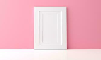 esvaziar foto quadro, Armação suspensão em pastel Rosa muro. brincar poster branco quadro, Armação dentro quarto interior, modelo zombar acima para adicionando seu texto 3d Renderização, ilustração