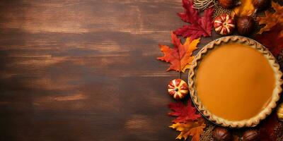 plano deitar abóbora torta, outono folhas com Lugar, colocar para texto. Ação de graças cartão fundo. foto