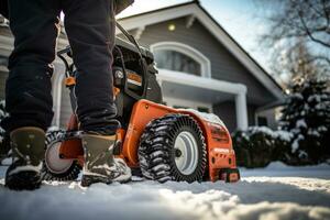 usando snowblower para Claro neve em passarela perto casa. generativo ai foto