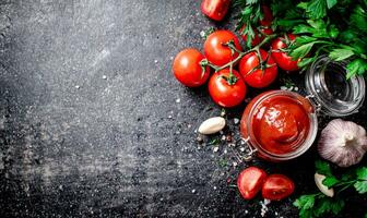 tomate molho dentro uma vidro jarra com salsinha e alho. foto