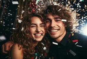 jovem casal tendo Diversão em Novo anos Festa. foto