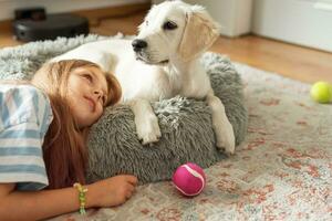 pequeno menina jogando com uma dourado retriever cachorro às lar. foto