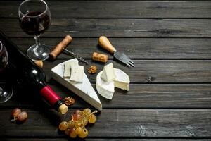 brie queijo com vermelho vinho, nozes e uvas. foto