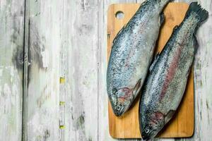 cru peixe salmão em uma corte borda. foto