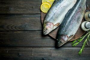 cru peixe salmão com limão cunhas e alecrim. foto