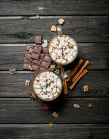 quente chocolate com canela e marshmallows. foto