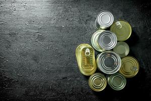 conjunto do diferente tipos do lata latas com enlatado Comida. foto