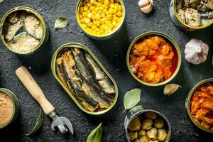 aberto lata latas com vários enlatado Comida. foto