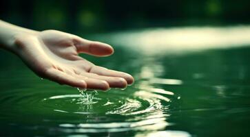 uma mão tocante a superfície do uma lago. ai gerado foto