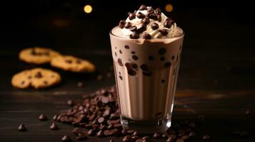 chocolate milkshake com peças do chocolate lasca em uma Sombrio acolhedor fundo foto
