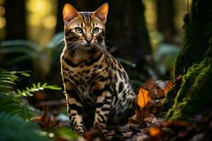 denso Bengala gato floresta. gerar ai foto