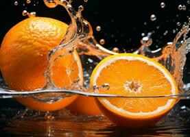 laranja frutas queda dentro a água salpicos ai generativo foto