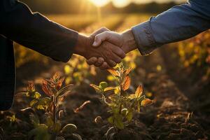 dois agricultores mexe mãos dentro frente do uma trigo campo.generativo ai foto